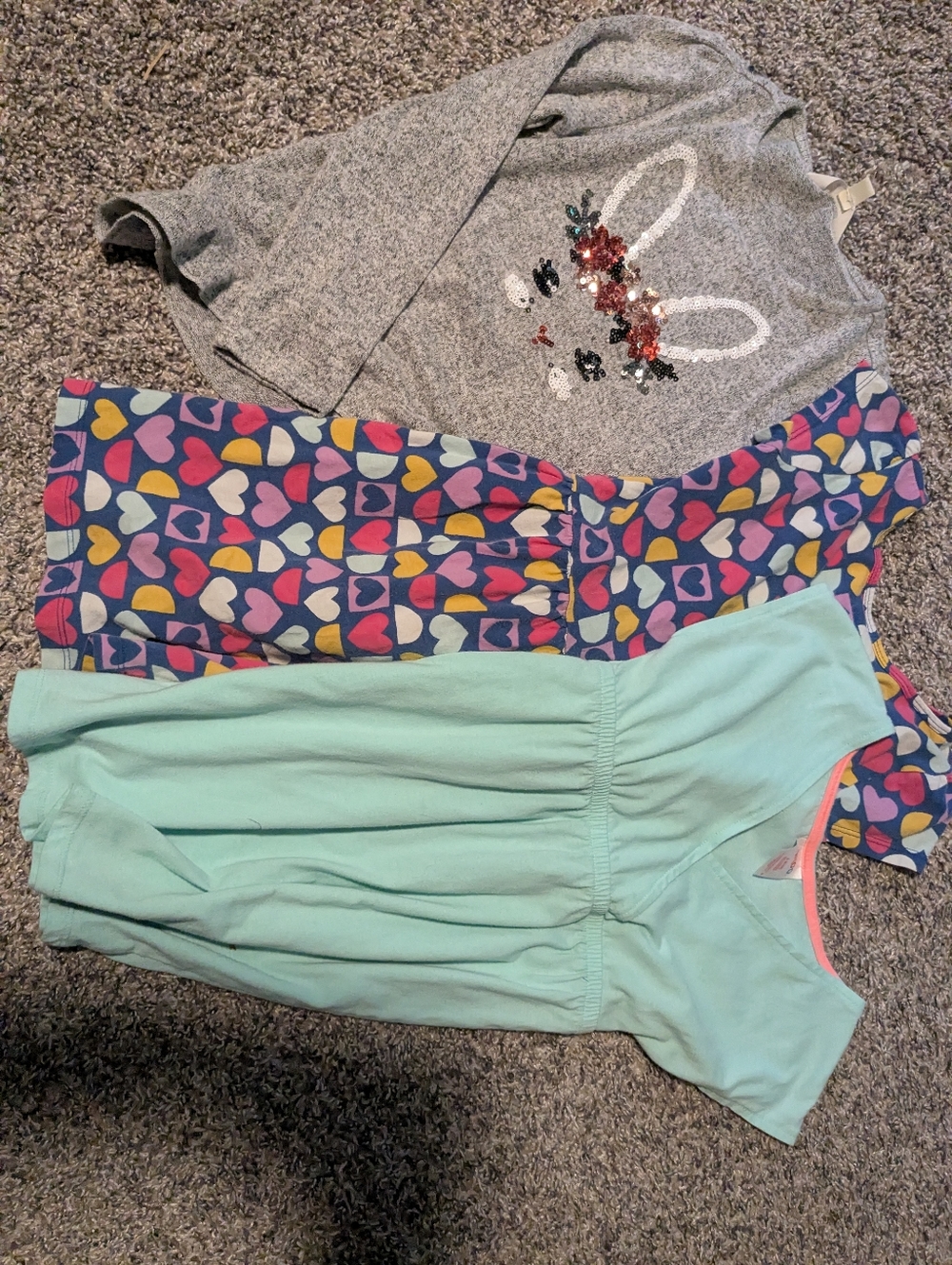 Girls' Dress & Top Bundle - Heart Print Dress, Mint Dress, Bunny Sequin Top